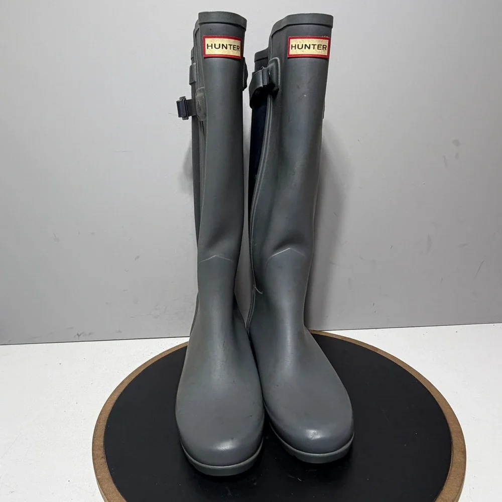 Hunter Rain Slate Boots Women 8 Grey Navy Blue Tall‎ Waterproof Matte Buckle